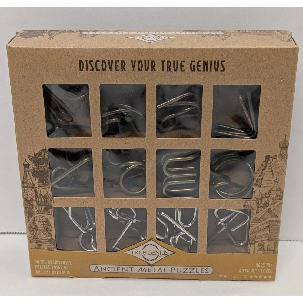 True Genius Ancient Metal Puzzles 12 Brainteaser Puzzles New but opened